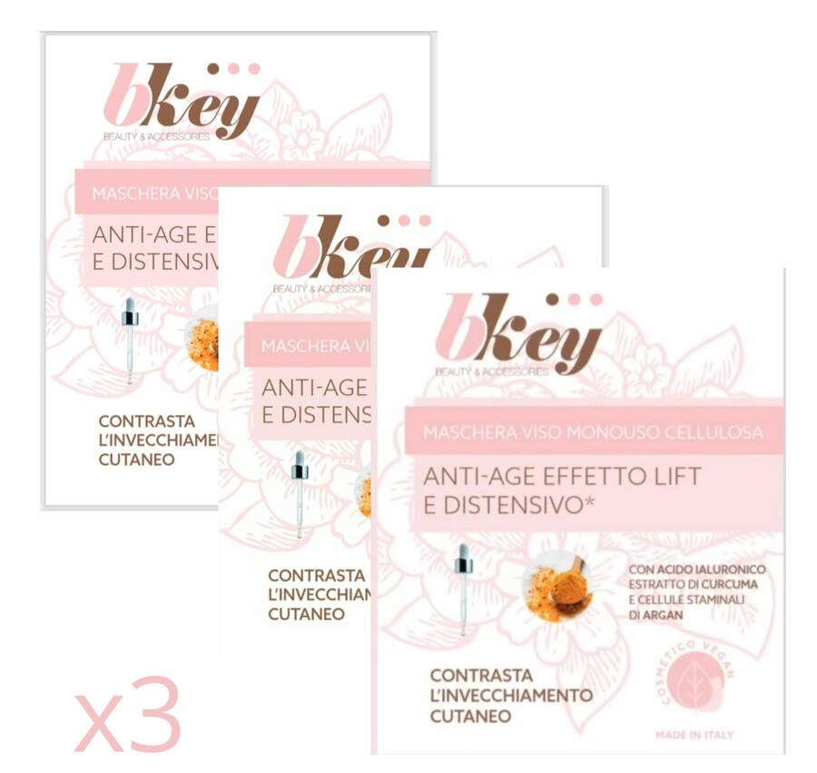 Maschera Viso Monouso in Cellulosa ad effetto LIFT e distensivo, Idratante, Illuminante, con  Acido Ialuronico, Curcuma e cellule staminali di Argan. INCI Eccellente ⭐️⭐️⭐️⭐️⭐️  Confezione da 3.