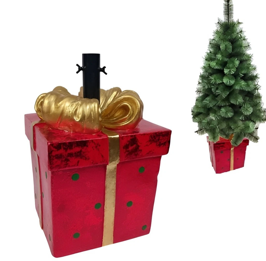Base per Albero Forma di Pacco Regalo Rosso con Fiocco Oro Base piede di Natale