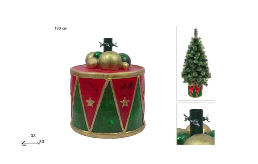 Base per Albero Forma di TAMBURO Base piede di Natale Oro Rosso Verde 33x33x46