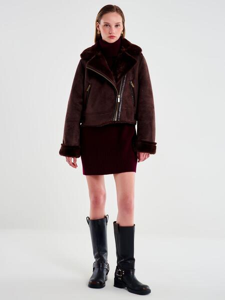 Vicolo Giubbotto Cropped Effetto Scamosciato Cioccolato