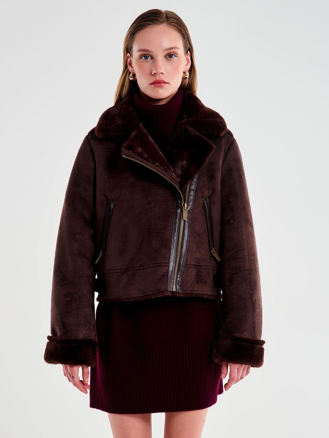 Vicolo Giubbotto Cropped Effetto Scamosciato Cioccolato