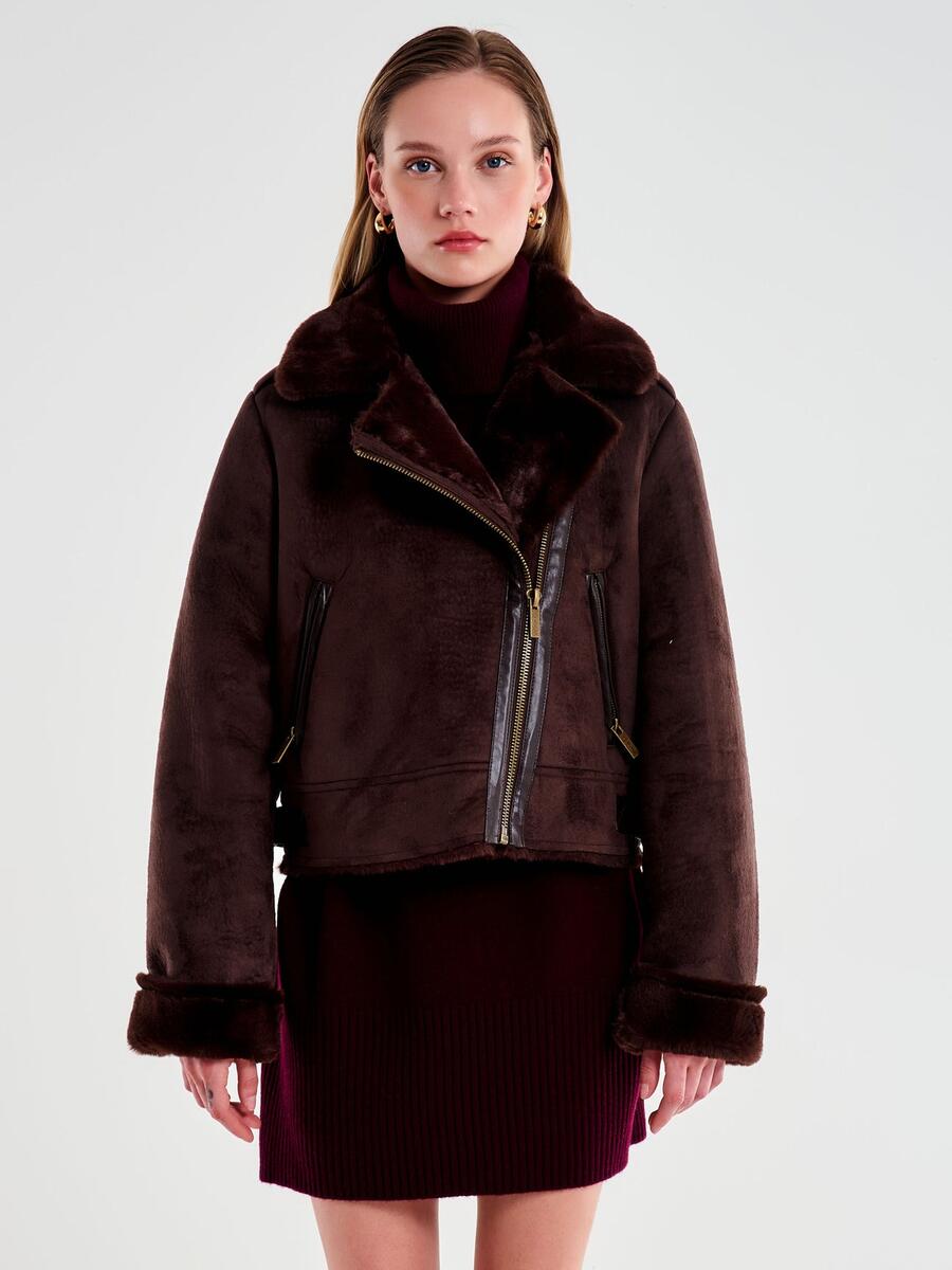 Vicolo Giubbotto Cropped Effetto Scamosciato Cioccolato