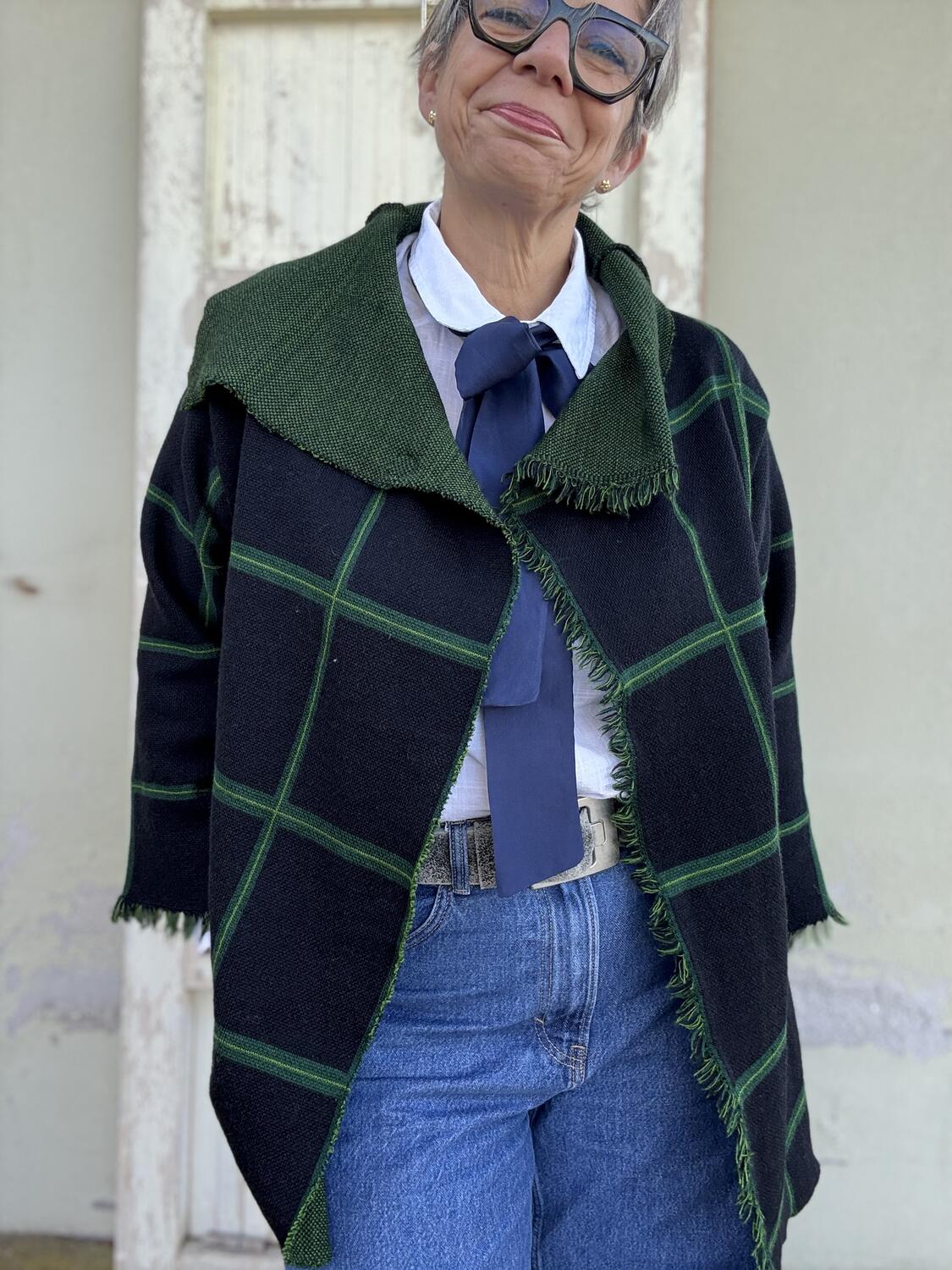 Giacca blu scuro a quadri verdi