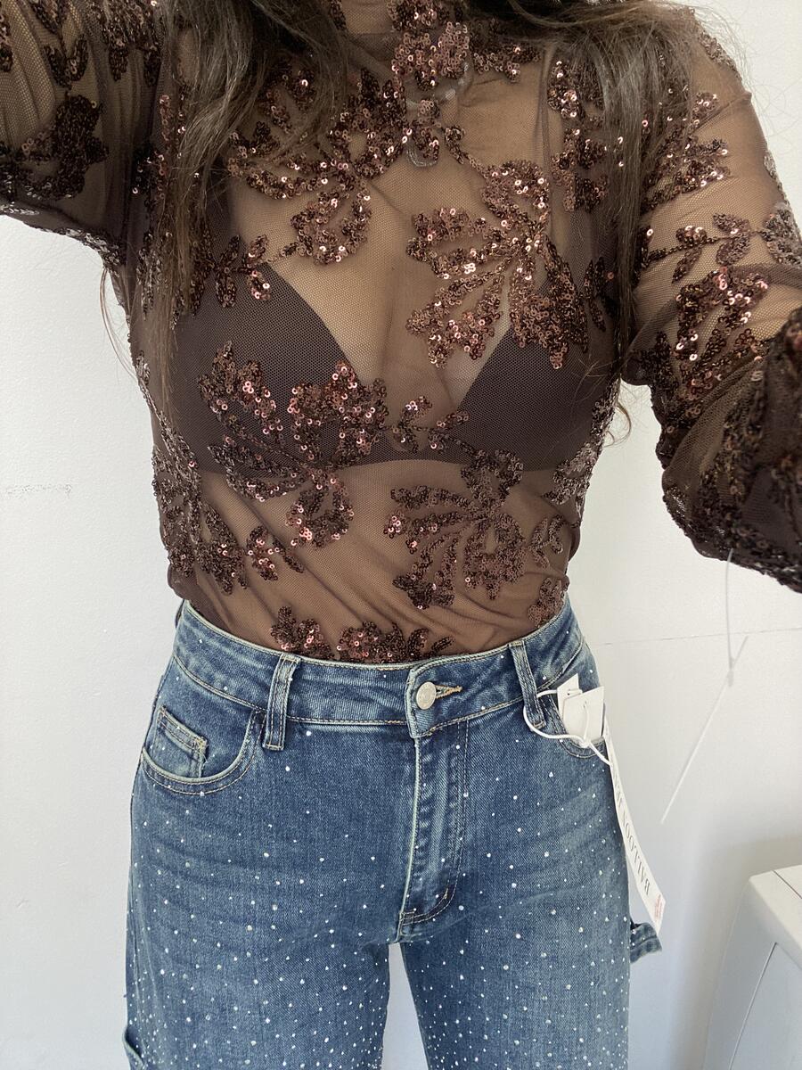 NOVITÀ Maglia velata con fiori in strass 