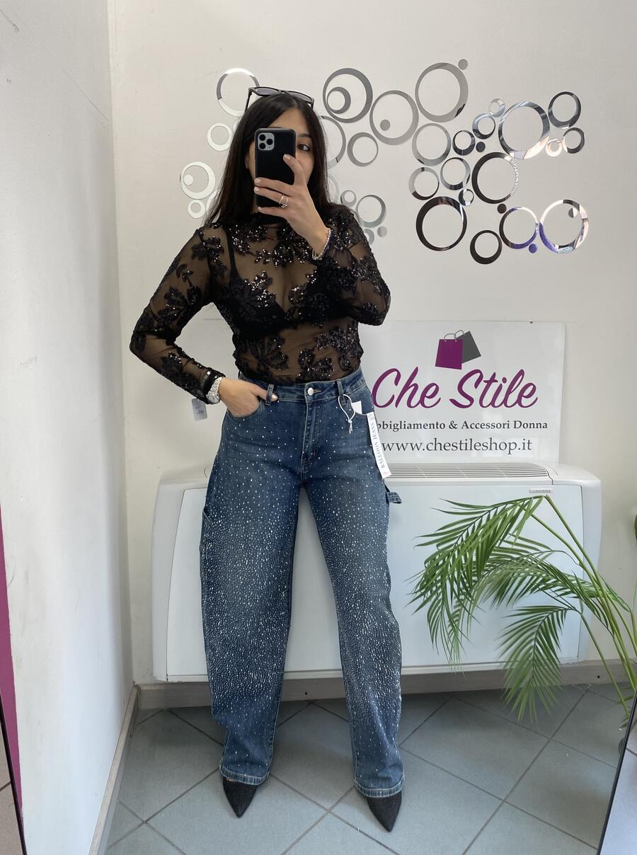 NOVITÀ Maglia velata con fiori in strass 