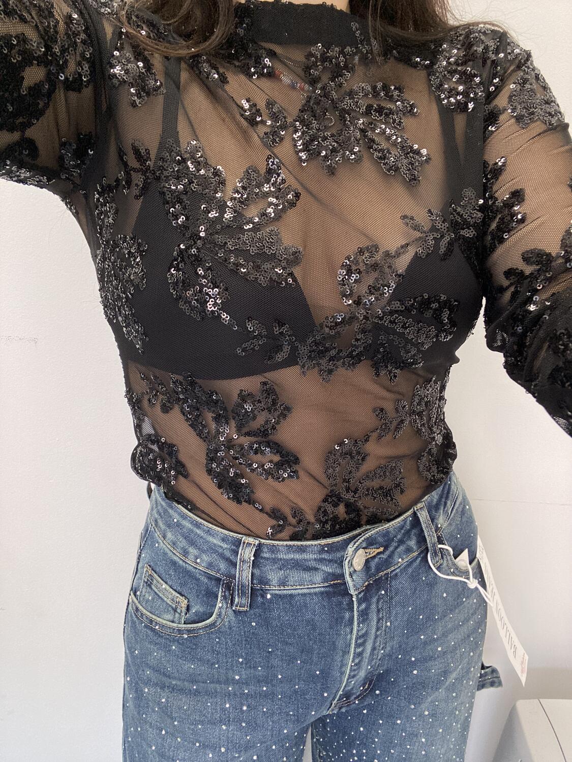 NOVITÀ Maglia velata con fiori in strass 