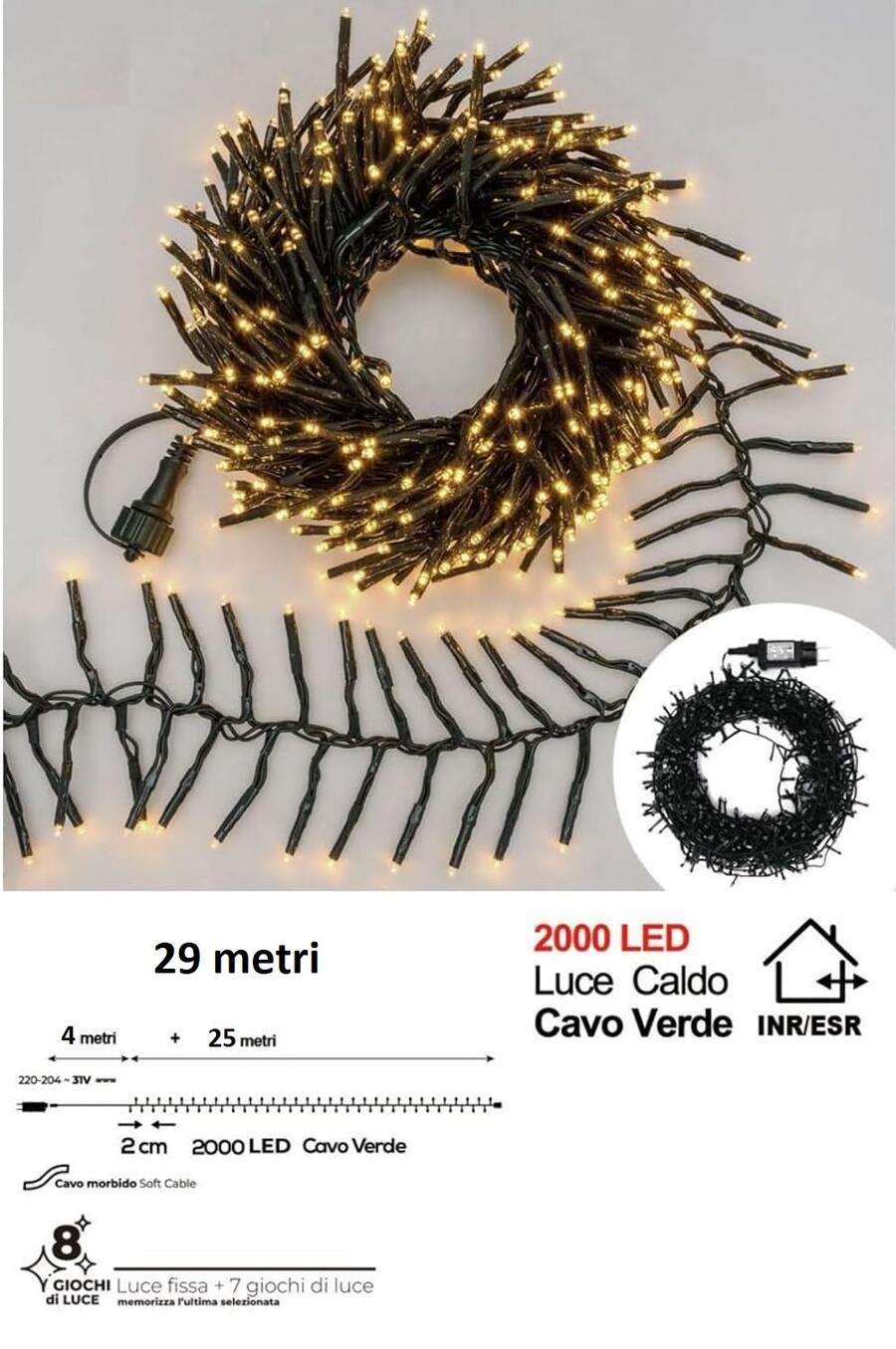 Luci di Natale Natalizie 2000 Led BIANCO CALDO a Grappolo per ESTERNO/INTERNO 29 metri con 8 Giochi di luce, Timer, Cavo verde, Catena luminosa natalizia per Albero