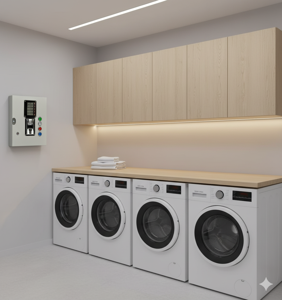 Gettoniera multi moneta per 4 LAVATRICI domestiche (o 2 lavatrici e 2 asciugatrici) Nuova!