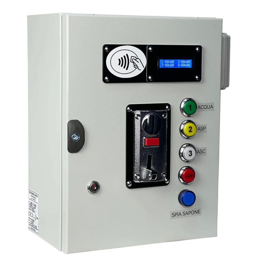 Gettoniera + Lettore RFID per 3 Dispositivi con Funzione “Acqua + Sapone” – Kit completo per Toelettature Self