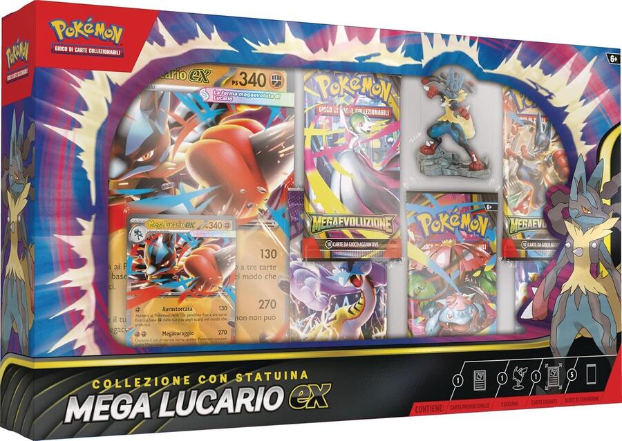 Pokèmon collezione con statuina Mega Lucario-ex (una carta promozionale olografica, una gigante, cinque buste di espansione e una statuina Mega Lucario)