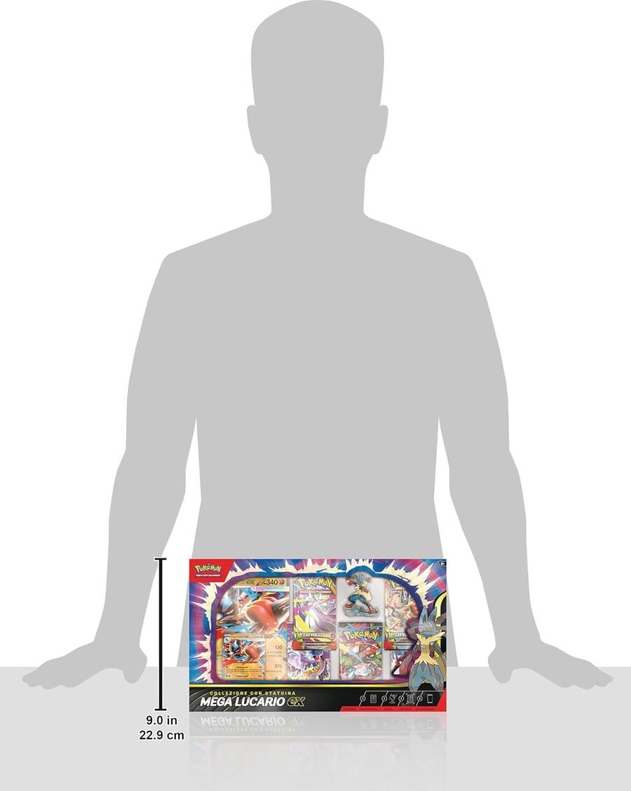 Pokèmon collezione con statuina Mega Lucario-ex (una carta promozionale olografica, una gigante, cinque buste di espansione e una statuina Mega Lucario)