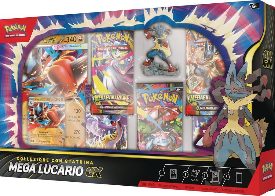 Pokèmon collezione con statuina Mega Lucario-ex (una carta promozionale olografica, una gigante, cinque buste di espansione e una statuina Mega Lucario)