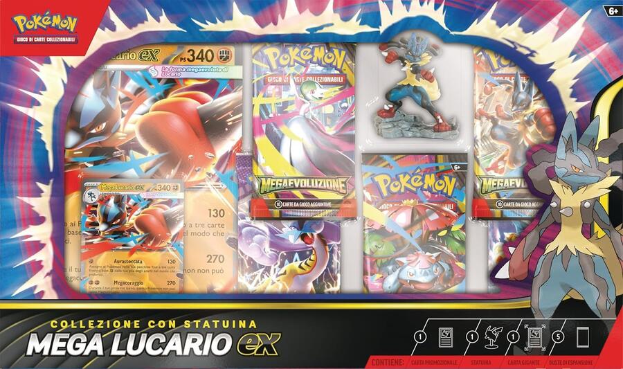 Pokèmon collezione con statuina Mega Lucario-ex (una carta promozionale olografica, una gigante, cinque buste di espansione e una statuina Mega Lucario)