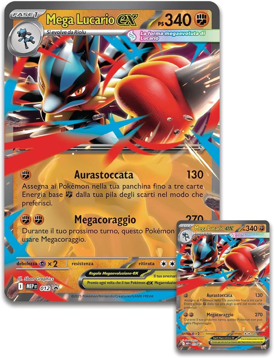 Pokèmon collezione con statuina Mega Lucario-ex (una carta promozionale olografica, una gigante, cinque buste di espansione e una statuina Mega Lucario)