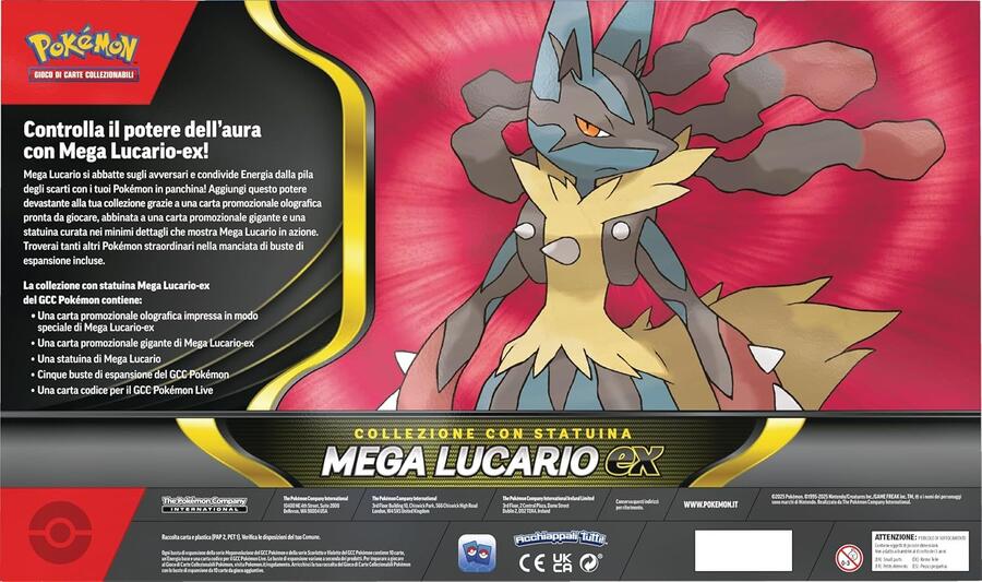 Pokèmon collezione con statuina Mega Lucario-ex (una carta promozionale olografica, una gigante, cinque buste di espansione e una statuina Mega Lucario)