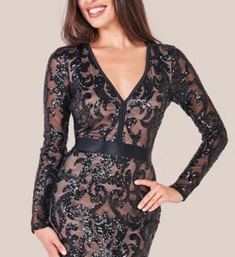 0876 Seven/eighths dress embroidered with lined sequins