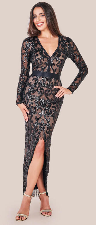 0876 Seven/eighths dress embroidered with lined sequins