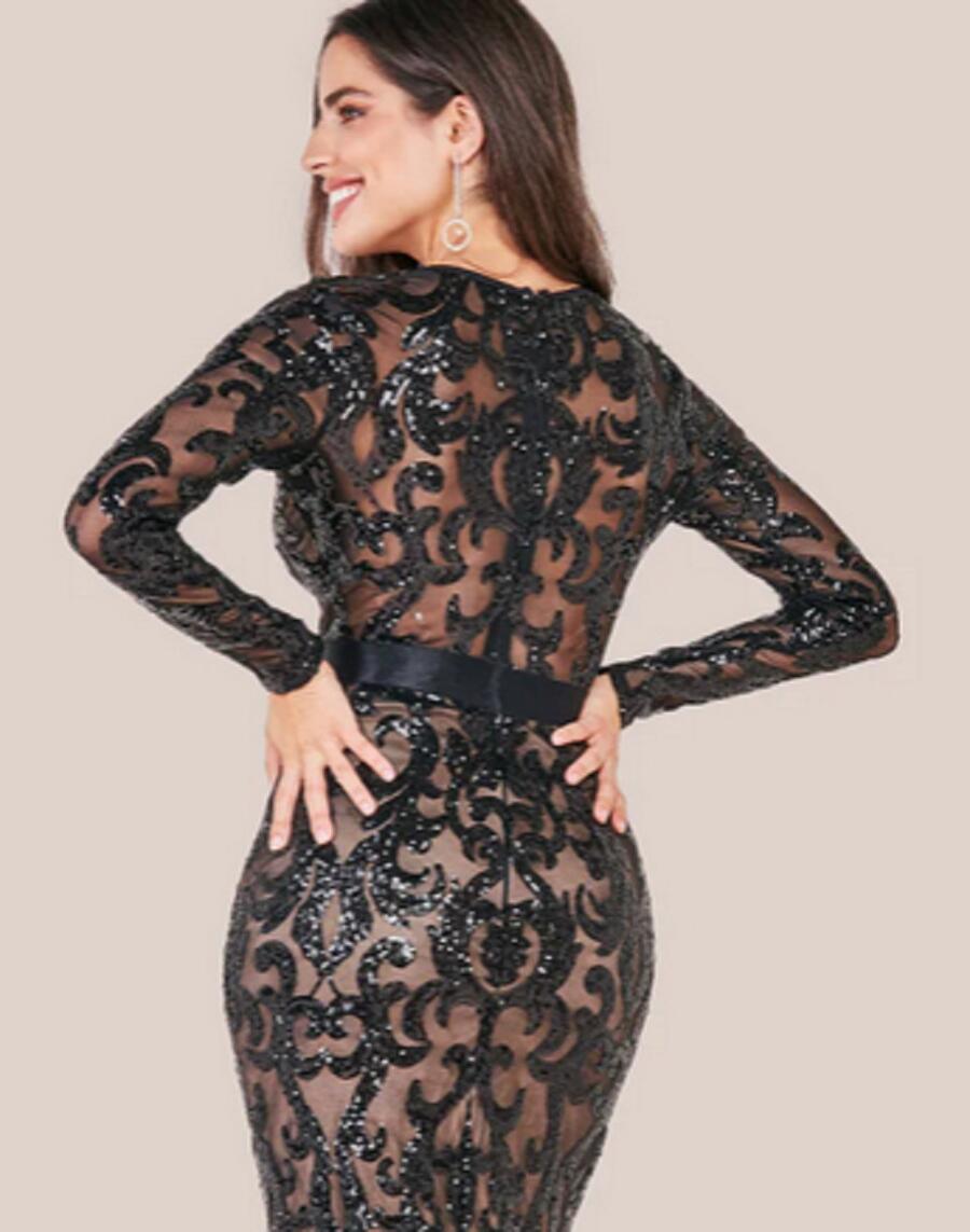 0876 Seven/eighths dress embroidered with lined sequins