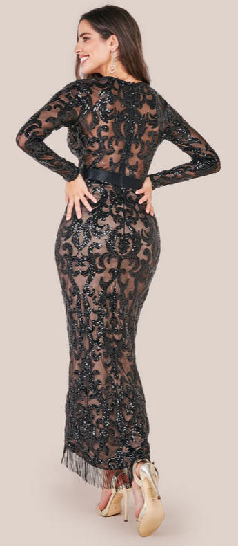 0876 Seven/eighths dress embroidered with lined sequins