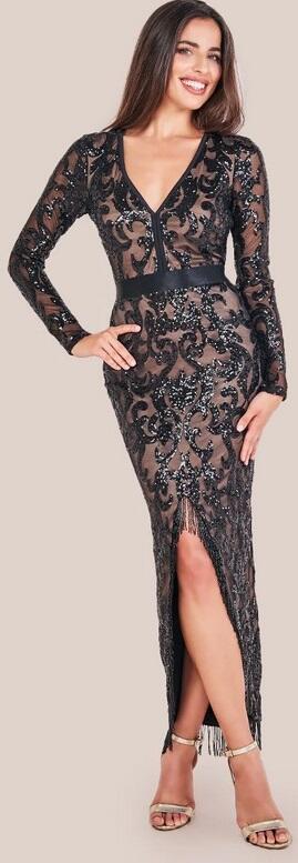 0876 Seven/eighths dress embroidered with lined sequins