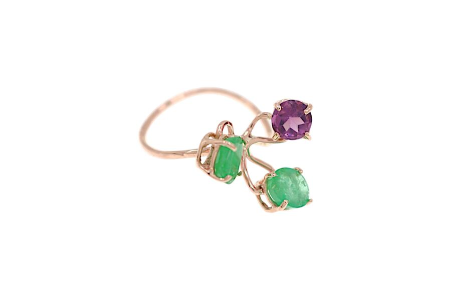Anello in oro rosa 9K con smeraldi e ametista