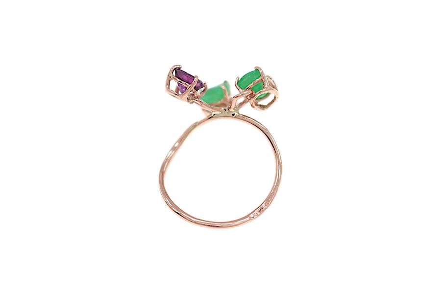 Anello in oro rosa 9K con smeraldi e ametista