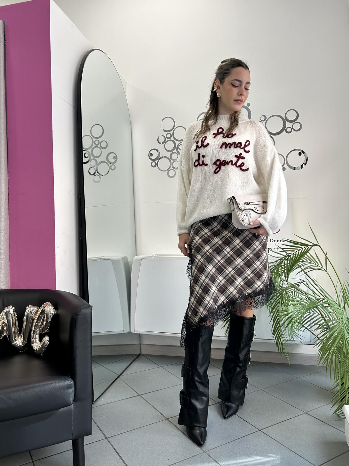 NOVITÀ Gonna asimmetrica tartan in panno e pizzo