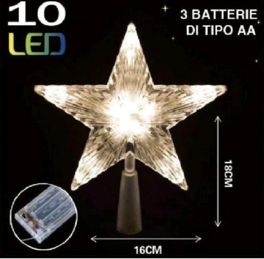 PUNTALE LUMINOSO ALBERO DI NATALE 10 LED A BATTERIA BIANCO CALDO / RGB / FREDDO