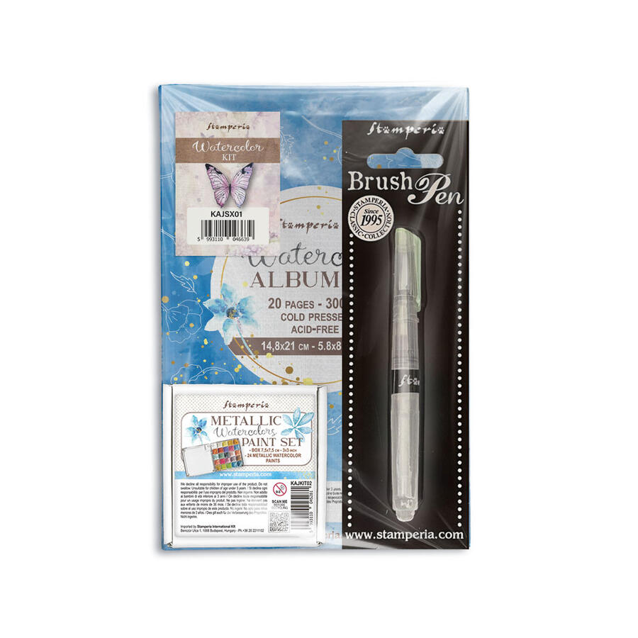 Kit watercolor: metallic water colors + album + brush pen