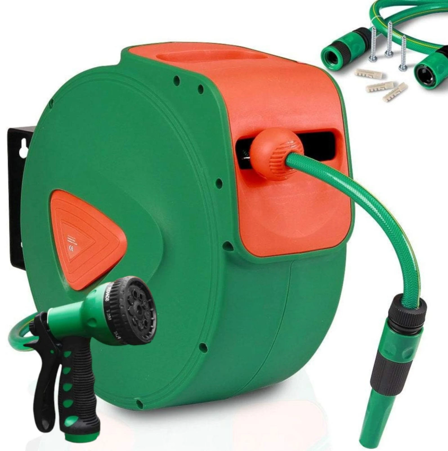 Avvolgitubo Tubo Giardino 20mt con Pistola 9 Getti Acqua Automatico da Parete 