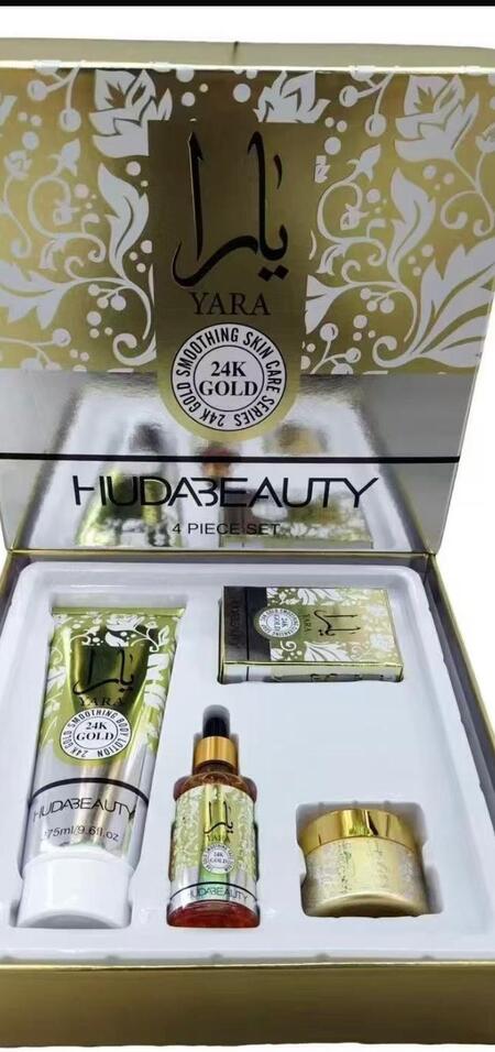 HUDABEAUTY KIT BODY LOTION 275 ml+SIERO VISO+CREMA VISO+SAPONE(Dupe 24K GOLD)*
 [Quantità minima è di 3 pezzi]