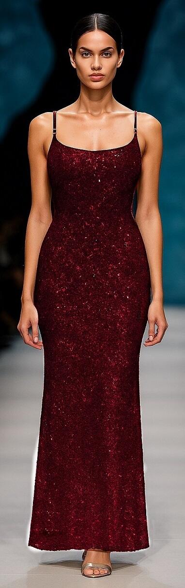 0969 Bordeaux Long dress whit micro-sequins and thin shoulder straps