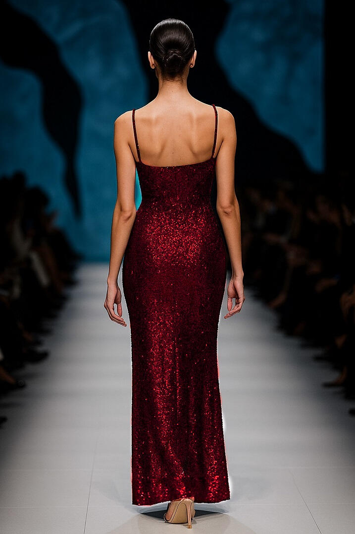 0969 Bordeaux Long dress whit micro-sequins and thin shoulder straps