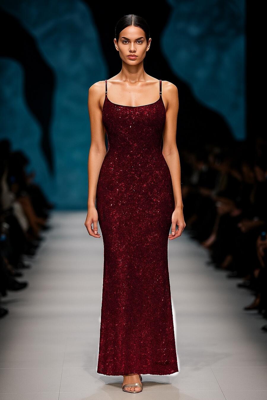 0969 Bordeaux Long dress whit micro-sequins and thin shoulder straps