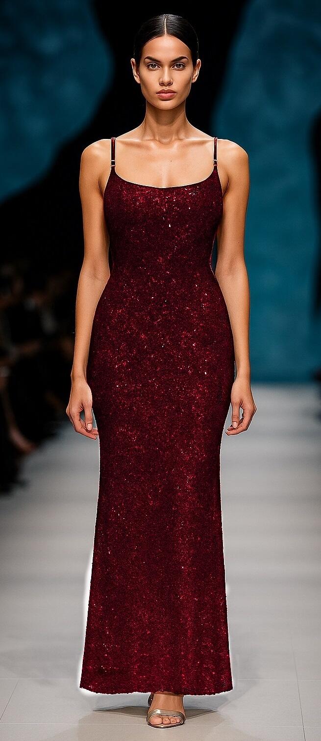 0969 Bordeaux Long dress whit micro-sequins and thin shoulder straps