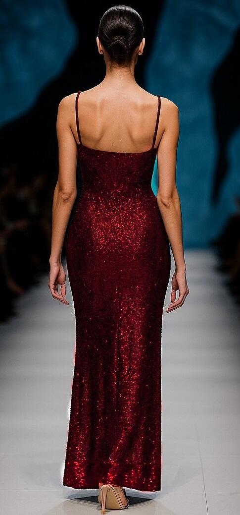 0969 Bordeaux Long dress whit micro-sequins and thin shoulder straps
