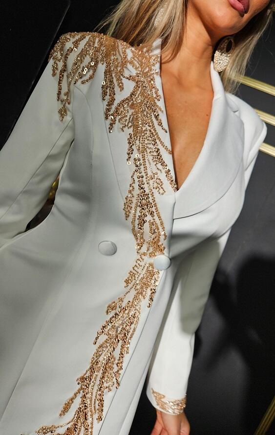 0971 Tuxedo-style jacket dress with rhinestones and precious details