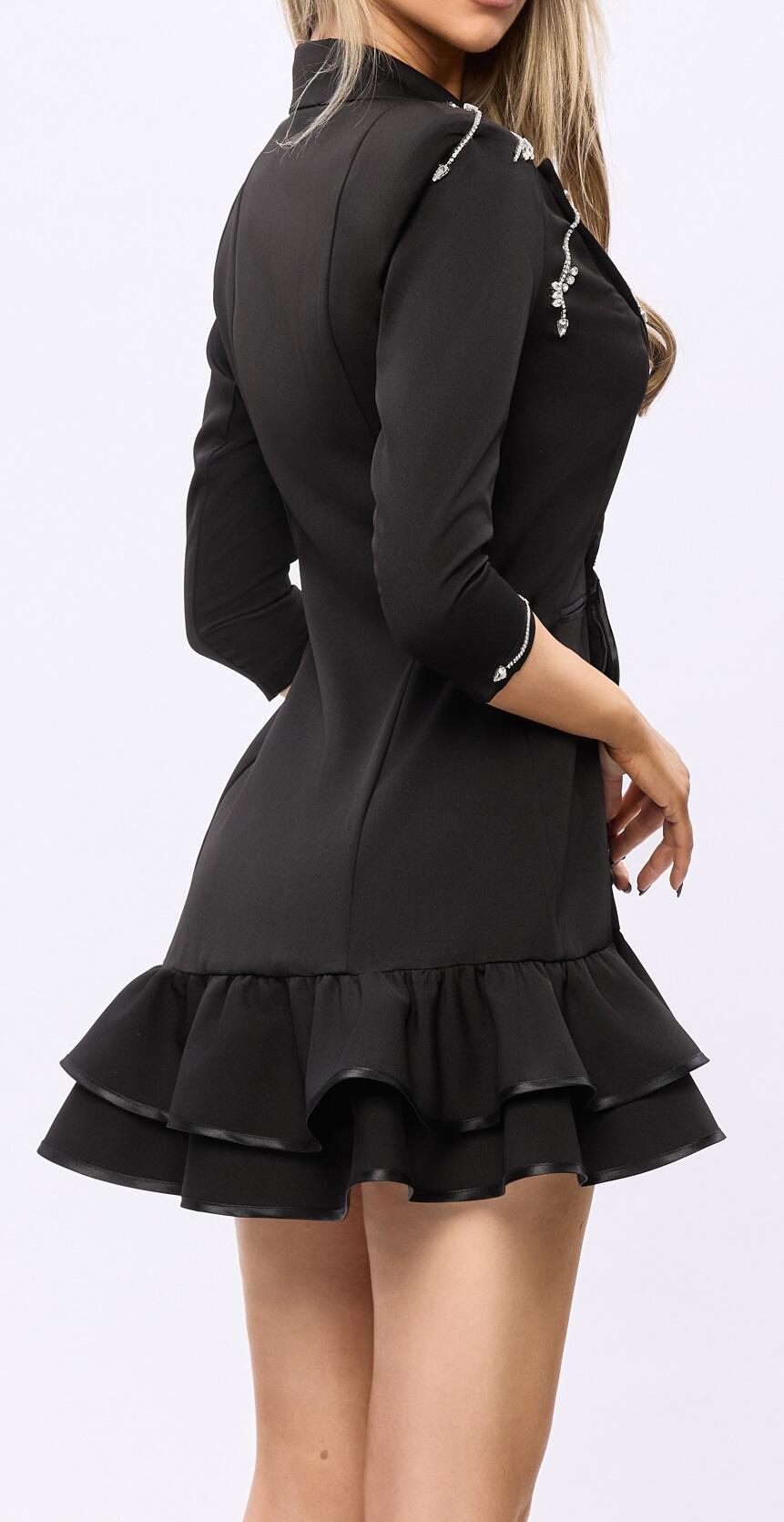 0972 Tuxedo dress/jacket with silver beads and rhinestones, precious buttons and godet finish