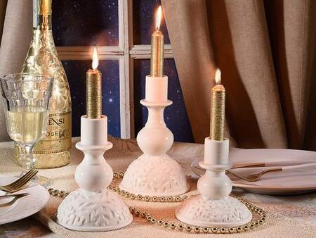 Set 3 portacandela in porcellana con decori a fiocco di neve