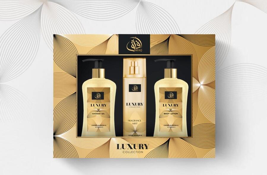 AFAQ LUXURY BODY LOTION 250 ML + ACQUA PROFUMATA 225 ML + SHOWER GEL 250 ML 
  [Quantità minima è di 3 pezzi]