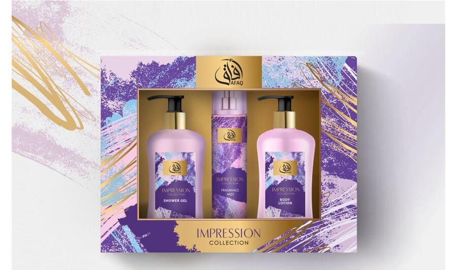 AFAQ IMPRESSION BODY LOTION DA 250 ML + ACQUA PROFUMATA 225 ML + SHOWER GEL 250 ML 
  [Quantità minima è di 3 pezzi]