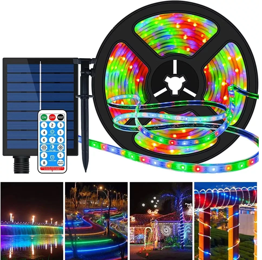 STRISCIA LED MULTICOLORE CON PANNELLO SOLARE 5M RICARICA IMPERMEABILE GIARDINO
