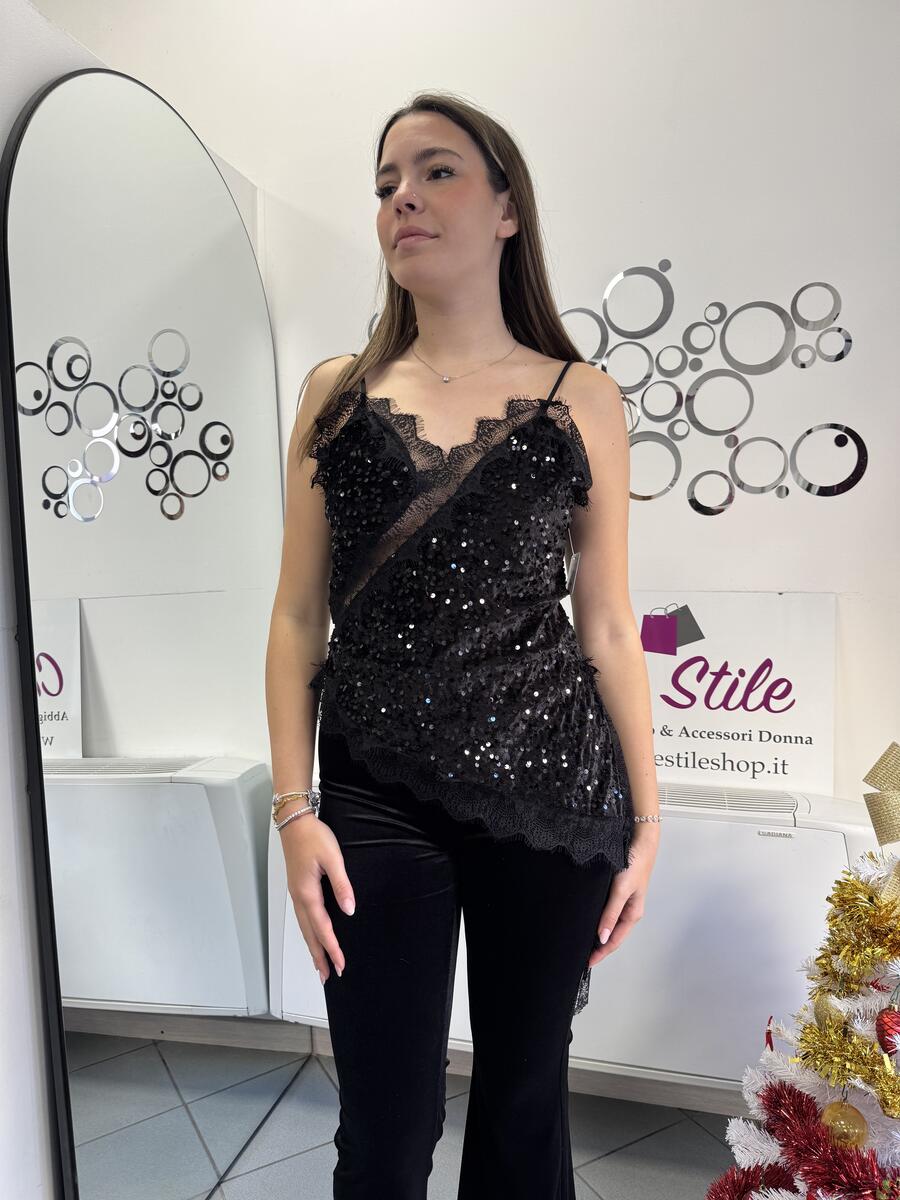NOVITÀ Top asimmetrico in pizzo, velluto e paillettes