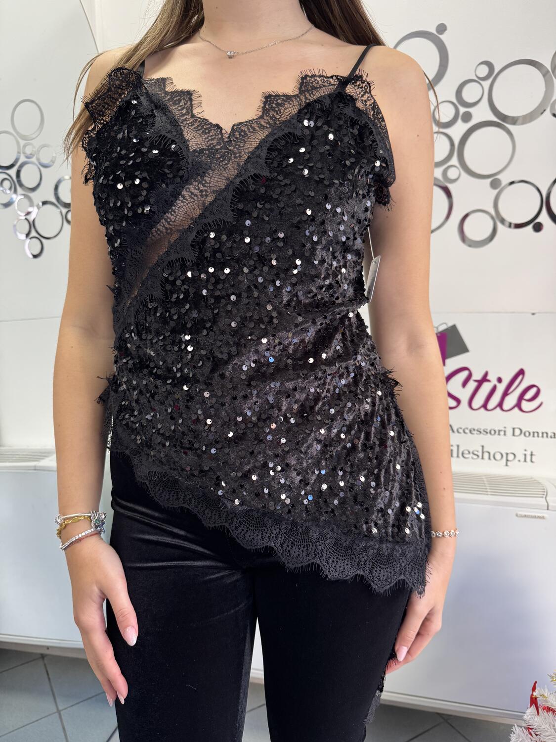 NOVITÀ Top asimmetrico in pizzo, velluto e paillettes