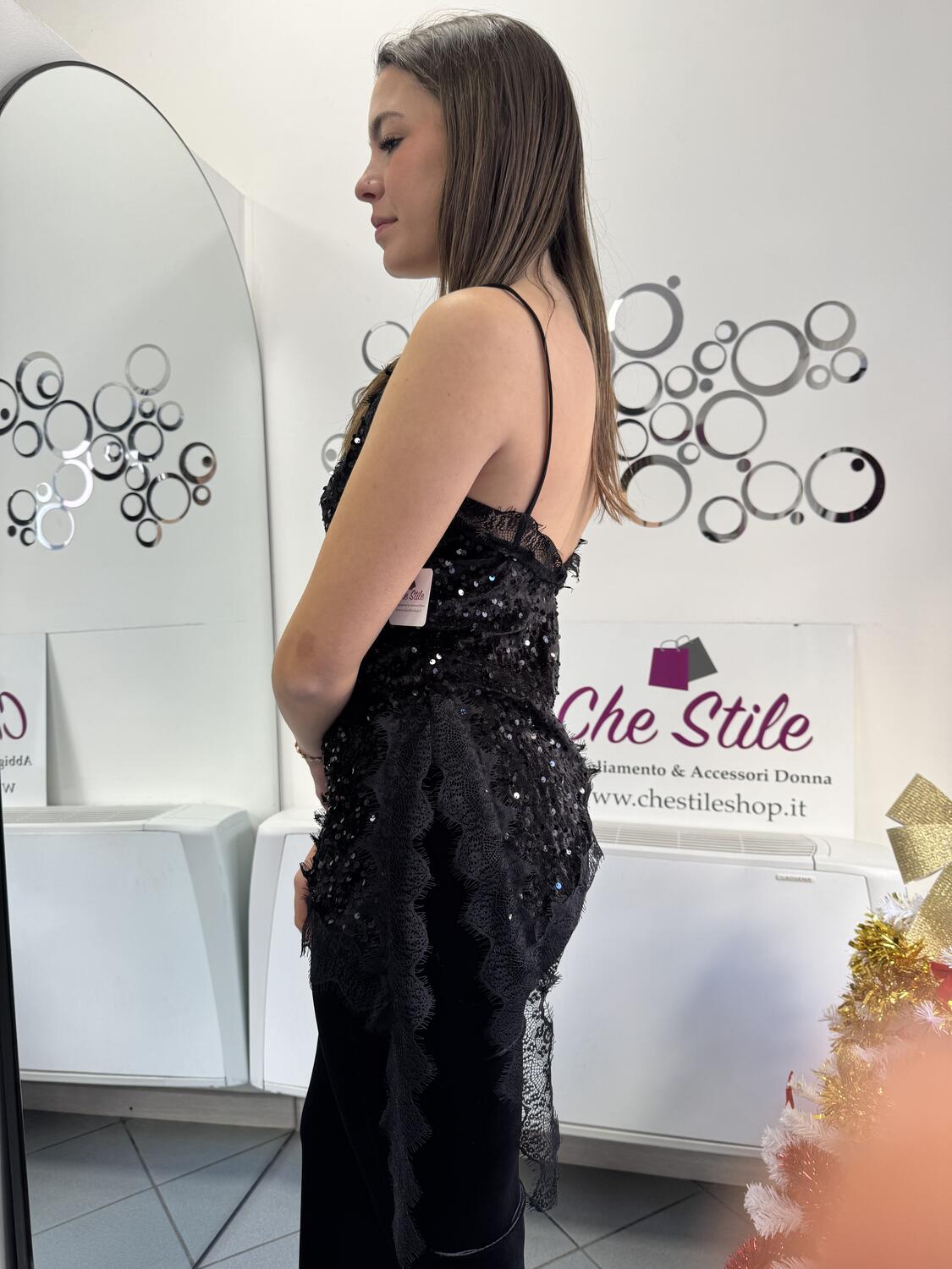 NOVITÀ Top asimmetrico in pizzo, velluto e paillettes