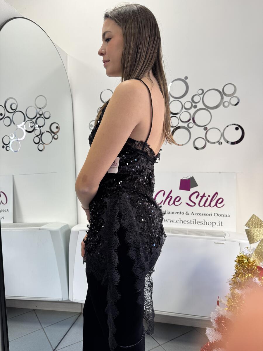 NOVITÀ Top asimmetrico in pizzo, velluto e paillettes