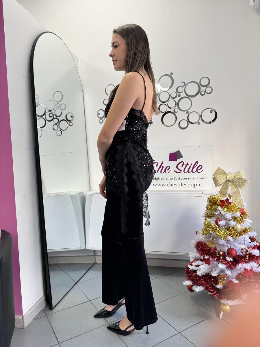 NOVITÀ Top asimmetrico in pizzo, velluto e paillettes