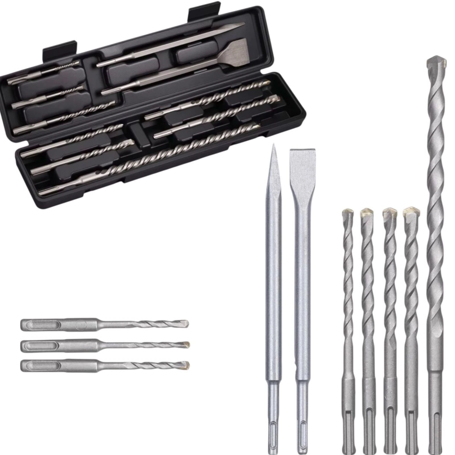 Set Punte Trapano SDS Plus 10 Pezzi + 2 Scalpelli Piatti per Cemento + Valigia