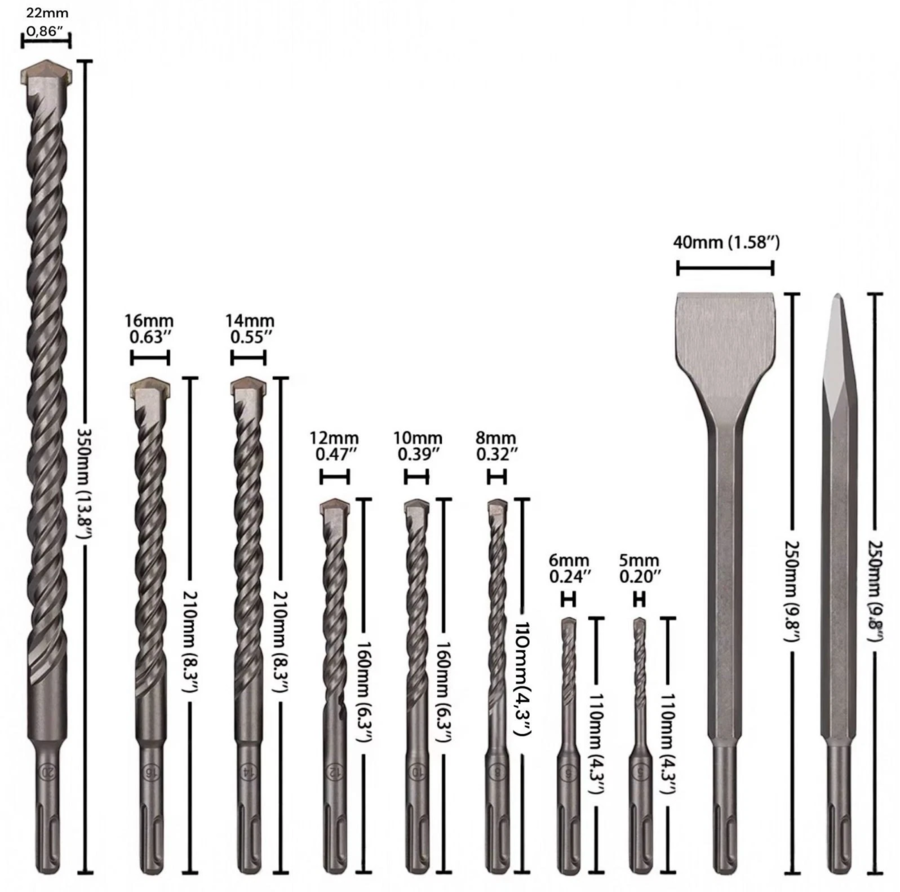 Set Punte Trapano SDS Plus 10 Pezzi + 2 Scalpelli Piatti per Cemento + Valigia