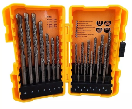 Set 18 punte trapano 3-10 mm con custodia in dotazione per muro cemento mattoni